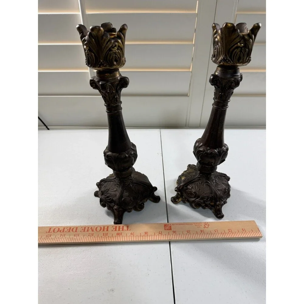 Vintage Rococo Revival Bronzed Spelter Candlesticks Pair 13” Gothic Victorian